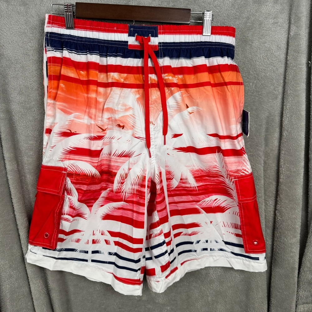 Uzzi Amphibious Gear Men's Swim Trunks Red White Blue Palm Tree Medium